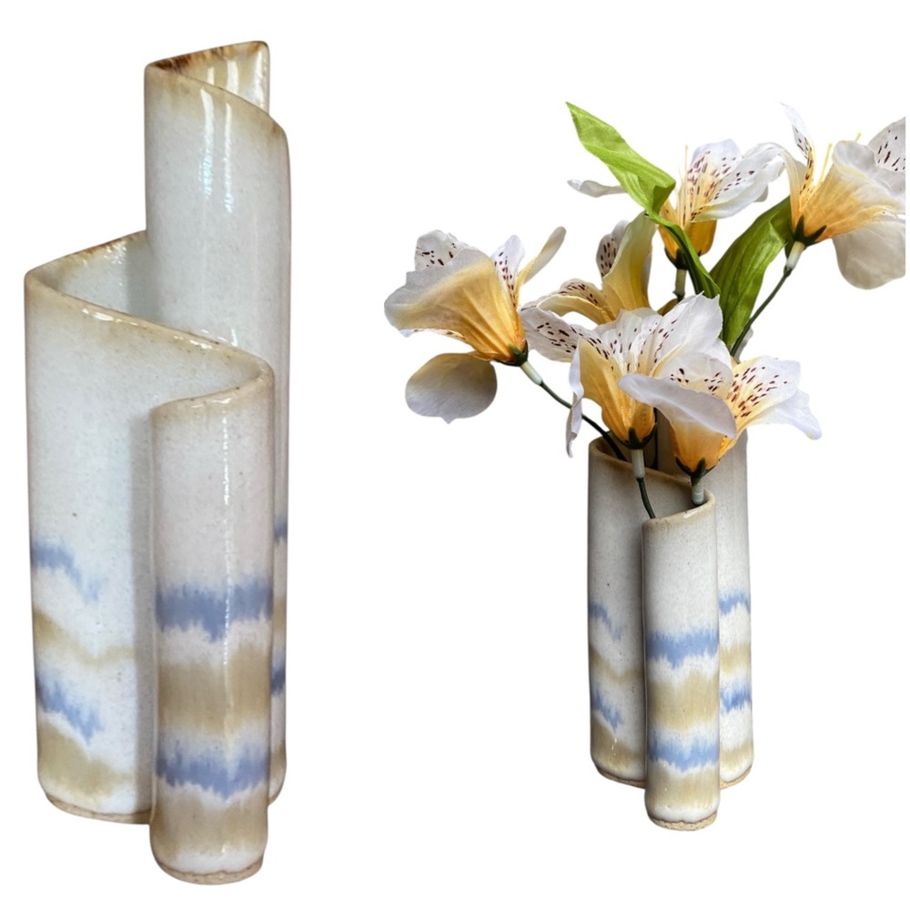 Bay Pottery cream blue 3 section bud vase.